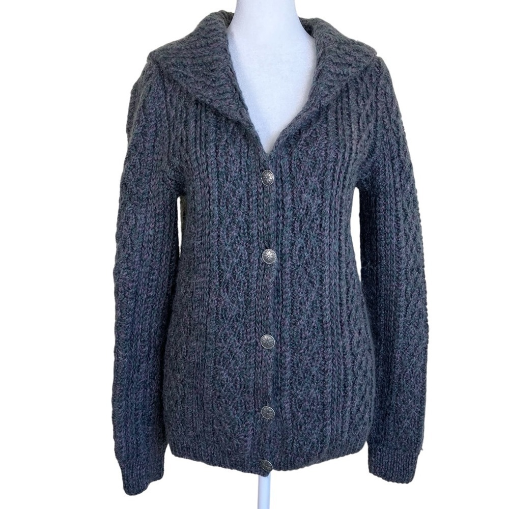 Vintage Mohair Blend Hand Knit Cardigan Sweater Fisherman Cable Knit Cozy Sz S